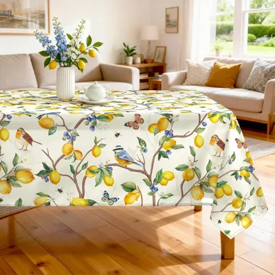 Immagine prodotto di Tovaglia in poliestere con motivo di uccelli e limoni, lavabile, 140 x 180 cm