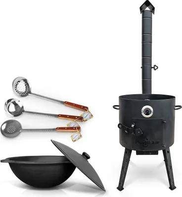 Produktbild von Utschak Feuerofen Ø 40 cm + Gusseisen-Kasan 12 L, Ø 42,5 cm, runder Boden + Küchenzubehör, Usbekischer Kochtopf aus Gusseisen