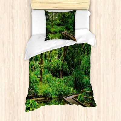 Produktbild von ABAKUHAUS Urwald Bettbezug Set, Zweigen Wald mit Holz Pier und Fluss Exotischem Natur Spiegelung Foto Muster, 135 x 200 cm + 80 x 80 cm, Jägergrün Braun
