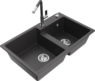 Produktbild von Mexen Tomas 2-Becken-Granitspüle mit Mischbatterie Flora, Schwarz/Gold metallisch - 6516-76-670401-08