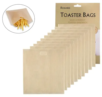 Produktbild von 10 Toasterbeutel, leicht zu reinigen, wiederverwendbar und hitzebeständig, Antihaftbeschichtung, mikrowellengeeignet, für Gebäck, Pizzastücke, gegrillte Käsesandwiches, Chicken Nuggets und Toast.