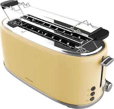 A product shot of a beige toaster on a white background.