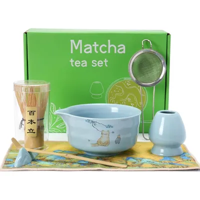 Produktbild von Matcha Set 7-teilig, Japanisches Matcha Teeschalen Set mit Bambusbesen, Teesieb, Chasenhalter und Zubehör,Blau