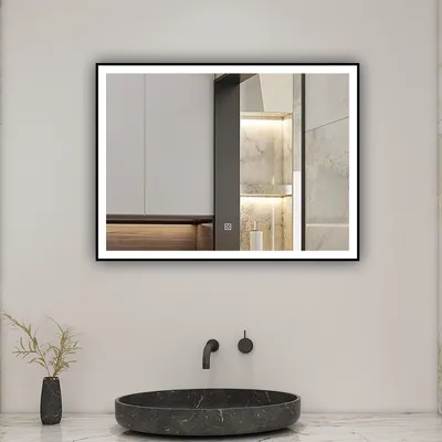 Produktbild von Schwarzer Rahmen Badspiegel mit 90X70cm Warm/Neutral/Kaltweiß dimmbar Memory Touch/Wandschalter Beschlagfrei Wandspiegel Spiegel mit Explosionsgeschützte