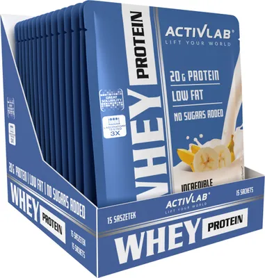 A display box of Activlab Whey Protein sachets.