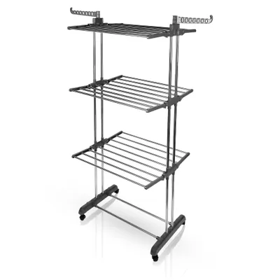 Produktbild von BigDean Wäscheständer Turm 16m Trockenlänge mit 3 Ebenen und 4 Rollen in Grau - Wäscheständer platzsparend für innen & außen