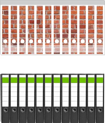 Produktbild von Wallario 12 Stück schmale Ordner inkl. Klebeetiketten mit Motive Rote Ziegelsteinwand - Backsteine -  Set mit Rückenschildern / Ordnerrücken Stickern