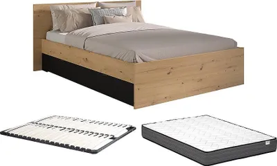 Produktbild von Bett mit 2 Schubladen + Lattenrost + Matratze - 140 x 190/200 cm - Holzfarben & Schwarz - VARLY