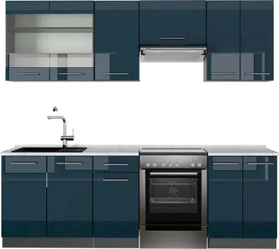 Produktbild von Küchenzeile Vicco Fame-Line Dunkelblau Hochglanz/Anthrazit 240 cm , AP Marmor, Model 49733