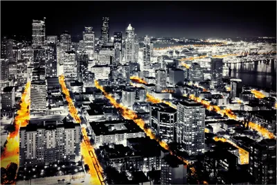 Produktbild von Wallario Poster - Großstadt bei Nacht - Seattle in schwarz weiß gelb, Kunstdruck Größe: 100 x 150 cm