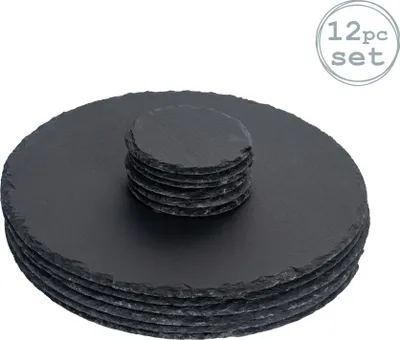 Produktbild von Runde Schieferplatten - Platzteller-Set - 6 Untersetzer & 6 Platzteller