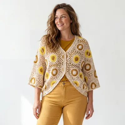 Produktbild von Strickjacke Damen leichte Sommerjacke Häkel Look 42 44 46 Baumwolle Cardigan