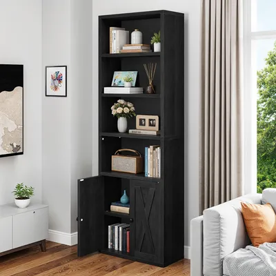Produktbild von YITAHOME Bücherregal mit 4 Ablagen und Türen, Bücherschrank Standregal, Aufbewahrungsregal, 180cm, Schwarz