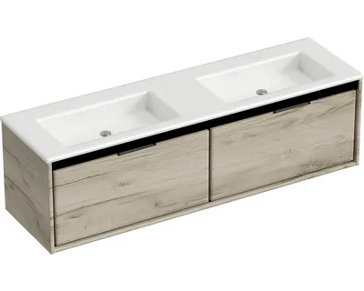 Produktbild von Sanox Badmöbel-Set Loft BxHxT 160,5 x 47 x 45,5 cm Frontfarbe craft oak mit Doppel-Waschtisch Mineralguss weiß Griff chr