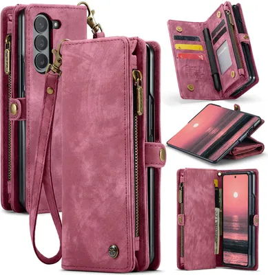 A collage of images showcasing a red leather phone case with multiple compartments and a wrist strap.