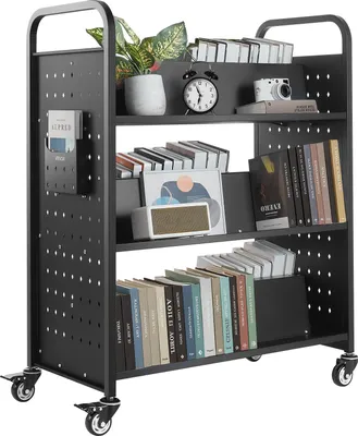 Immagine prodotto di Carrello porta libri VEVOR, portata 159 kg, carrello per biblioteca, 970x515x1225 mm, libreria a W bifacciale con rotelle a doppio freno, carrello di sgombero per soggiorno, ufficio, scuola, nero