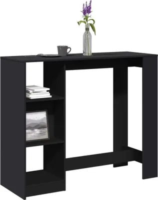 A black bar table with shelves on the side, decorated with a vase of flowers, a coffee cup and a framed picture.
