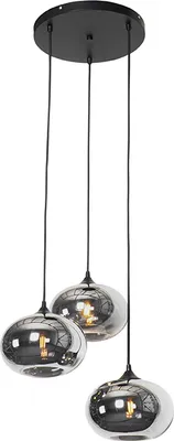 Produktbild von QAZQA - Art Deco Art Deco Hängelampe I Pendellampe I Pendelleuchte schwarz 3-flammig mit Rauchglas - Busa I Wohnzimmer I Schlafzimmer - Rund - LED geeignet E27