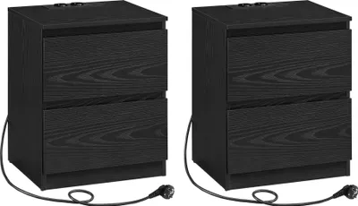 Two identical black bedside tables with two drawers each, shown from the front on a white background.