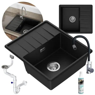 Produktbild von GRANMASTER FONDO Granitspülbecken Komplett-Set mit Schwarzer Küchenarmatur aus Edelstahl und Silikon, manueller Syphon und Imprägniermittel  1 komorig