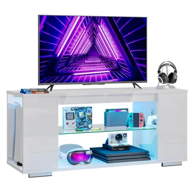 Immagine prodotto di Mobiletto porta TV con illuminazione a LED e telecomando, larghezza 120 cm, porta TV da 55 pollici, ripiano in vetro da 4 mm, superficie antigraffio, mobile contenitore