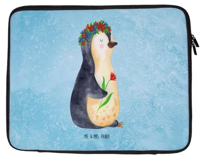 Produktbild von Mr. & Mrs. Panda Laptophülle Pinguin Blumen 20 x 28 cm - Eisblau - Geschenk, Motivation, Leben, Wunderschön, Laptop Hülle, Blumenkranz, Laptoptasche, Wünsche, Tasche