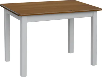A wooden dining table with a brown top and white legs, isolated on a white background.
