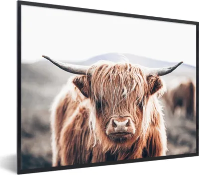 Produktbild von MuchoWow® Gerahmtes Poster Schottischer Highlander - Berg - Hoorn 80x60 cm - Poster mit Schwarzem Bilderrahmen Wandposter Rahmen Foto Bilder - Schwarzem - Mit Gestell
