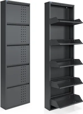 Two dark gray metal shoe cabinets are shown side-by-side against a white background. The cabinet on the left is shown closed with five doors, each featuring a pattern of small holes. The cabinet on the right is shown open, revealing five angled shelves des