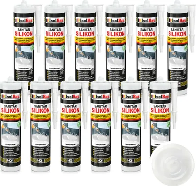 Produktbild von Isolbau Sanitär Silikon 12 x 300 ml Transparent - Hochelastischer Silikon-Dichtstoff für Abdichtungen & Fugen – Schimmelresistent, wasserdicht -  Kartusche