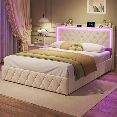 Obrázok produktu pre Postel Moonbite, rozmery 140x200 cm, čalúnená zamatom, farba béžová, s LED osvetlením a diaľkovým ovládaním – úložný priestor, USB porty, latkový rošt
