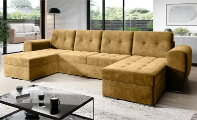Produktbild von Easy4You Ecksofa BARI Velours in U-Form 326 x 97 x 157 cm mit Schlaffunktion und Bettzeugbehälter - Schlafsofa mit Bettkasten - Eckcouch mit Stauraum - Farbe: Monolith Senf (MO48)