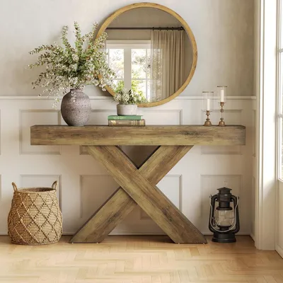 Immagine prodotto di Tavolino consolle da 140 cm, stretto, con design a "X", color marrone rustico