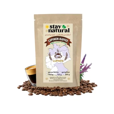 Produktbild von Stay Natural Lupinen Kaffee Ganze Bohnen 200g – Koffeinfreier Kaffee, natürliche Kaffeealternative aus deutschen Süßlupinen, dunkel geröstet, vegan & glutenfrei
