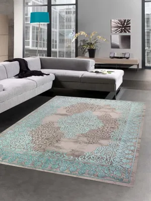 Image de Tapis de salon Ornements Vintage turquoise gris Taille - 80 x 300 cm