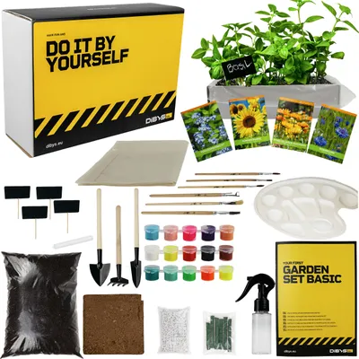 Produktbild von Dibys DIY Anzucht-Set Basic für Kinder mit Blumen-Samen Holzwerkzeug Erde Farben