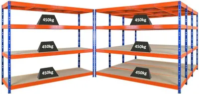 Produktbild von Mega Deal | 4x Profi Schwerlastregal Rhino | HxBxT 180x240x60cm | 4 Spanplatten-Ebenen 8mm | Fachlast 450kg | Blau/Orange