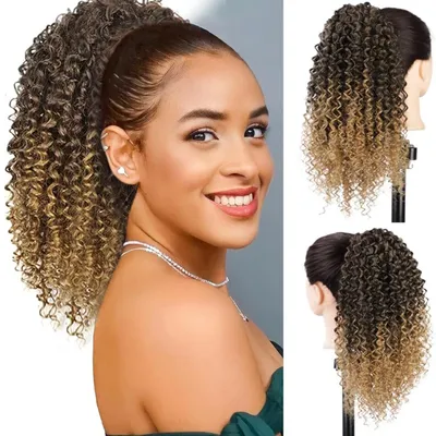 Zdjęcie produktu dla Przedłużenie do koka/końskiego, syntetyczne włosy, kręcone, z sznurkiem, 41 cm, czarny z mieszanką blond