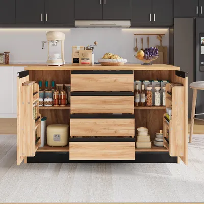 Image de Îlot de cuisine Flieks avec plan de travail escamotable, tiroirs et espace de rangement derrière les portes. Îlot de cuisine avec plan de travail imitation bois, finition naturelle