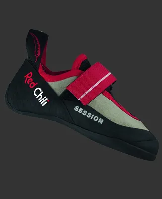 Kletterschuh "Session 4 Kids" von RedChili; schwarz mit roten und grauen Akzenten; für Kinder.