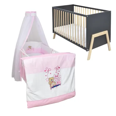 Produktbild von Babybett Kinderbett Gitterbett Juna 60x120 Anthrazit Schutzgitter Matratze Bettwäsche Set 10tlg Schaukelfreunde