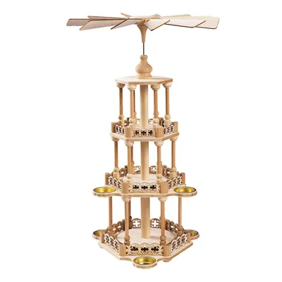 A wooden Christmas pyramid with three tiers, designed to be assembled.