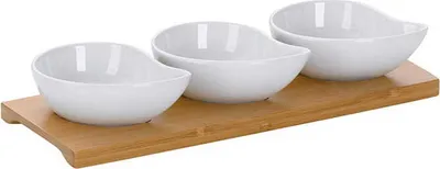 Produktbild von Kela Philipa 3er-Set runde Schalen aus Porzellan auf Bambusunterlage, 26x10x4,5 cm