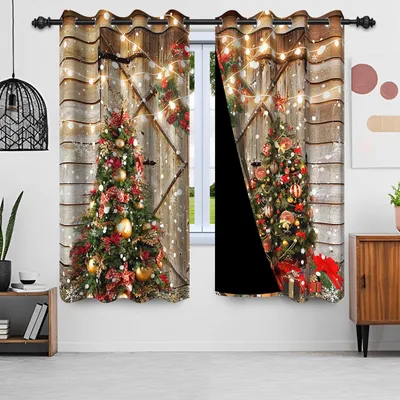 Weihnachtsgordinen mit Tannbaum & Schneeflocke, blickdicht, 140x260 cm