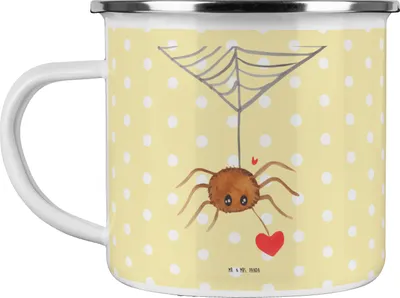 Produktbild von Mr. & Mrs. Panda Pott Spinne Agathe Liebe - Gelb Pastell - Geschenk, Liebesgeschenk, Verliebt, Teetasse, Emaille Tasse, Haferl, Liebesbeweis, Reisebecher, becher