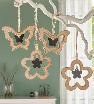 Produktbild von 4 Dekohänger "Schmetterling & Blume" aus MDF & Metall, Fensterdeko zum Aufhängen, Frühlingsdeko hängend