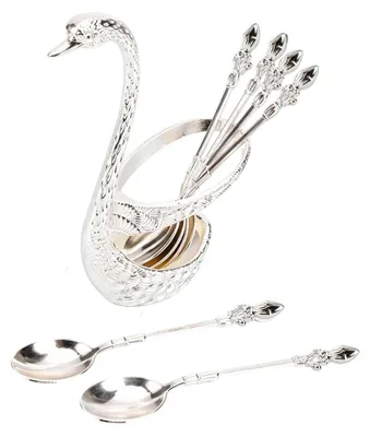 Kaffeelöffel-Set mit Schwanenhalter, 6 Stück, 13 cm, silber