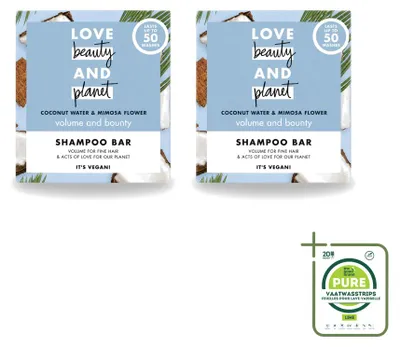 Obrázek produktu pro 2 kusy tuhého šamponu Love Beauty and Planet – kokosová voda a květ mimózy – 90 g – balení