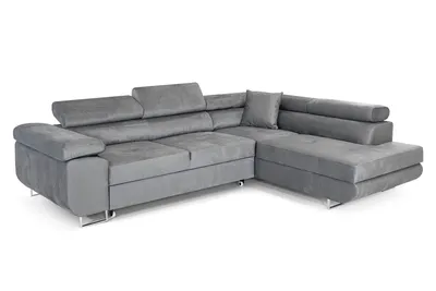 A grey sectional sofa with adjustable headrests and a chaise lounge, shown from a side-angle against a white background.