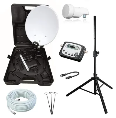 A collection of satellite dish components and accessories laid out against a white background.